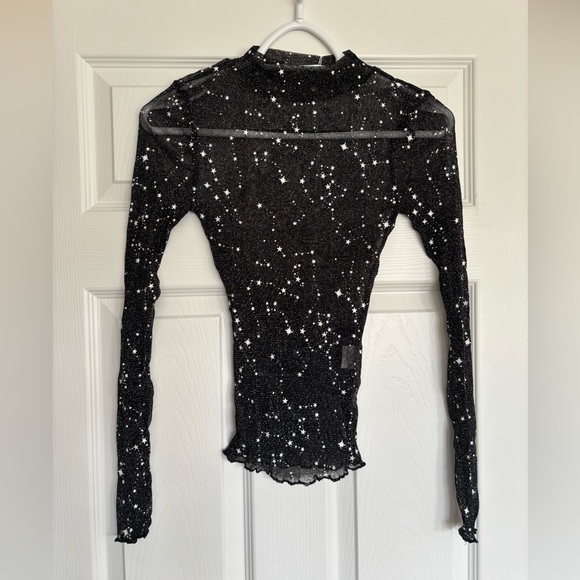 BNWT Stretch Women's Mesh Sheer Starry Top, Black/White - Picture 2 of 8